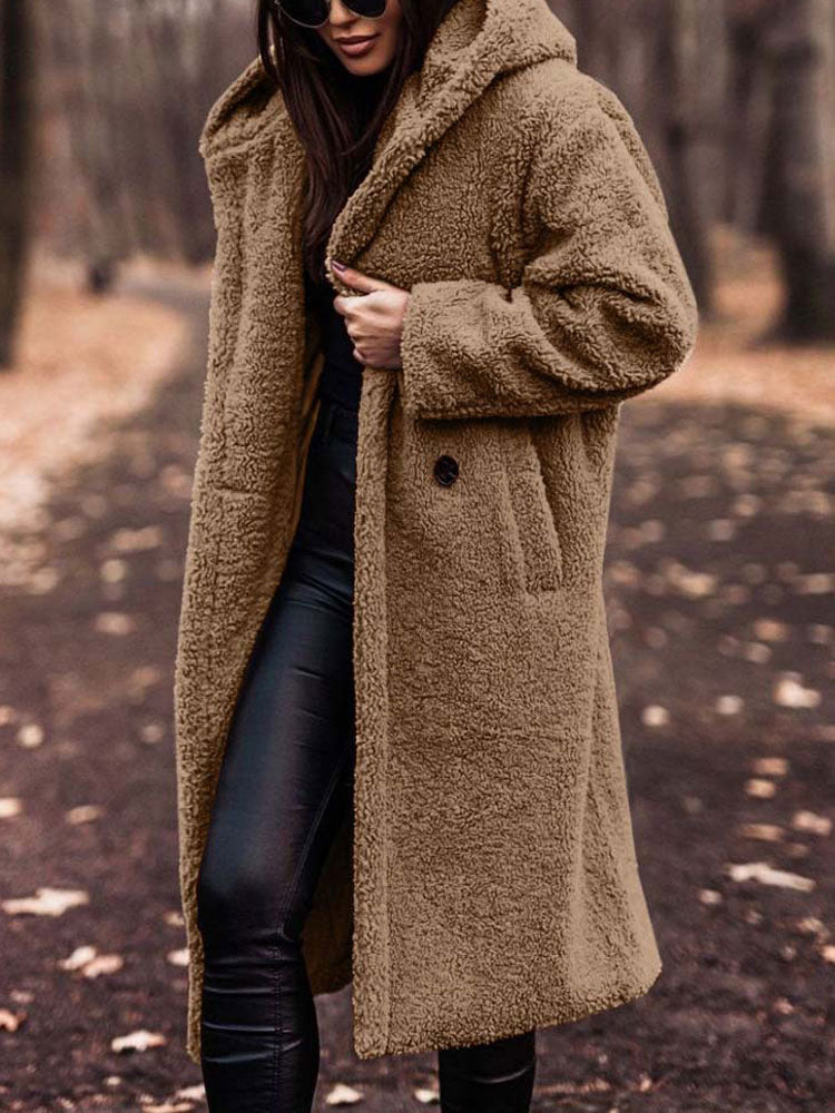 Wren hooded teddy coat in taupe, front view with hood up