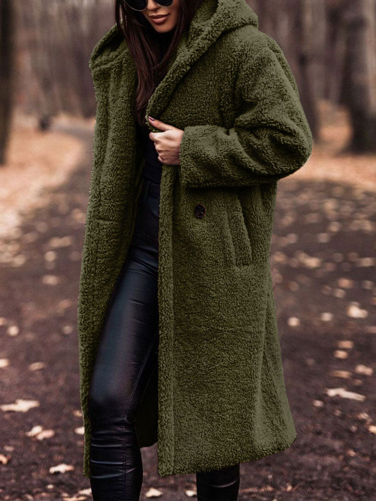 Wren hooded teddy coat in olive green, front view with hood up