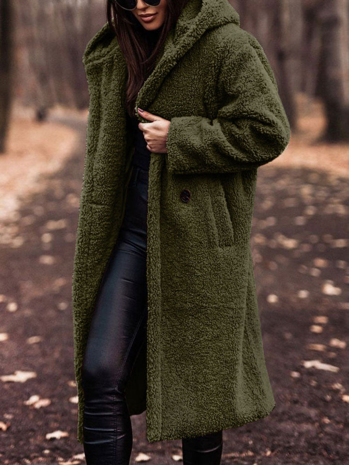 Wren hooded teddy coat in olive green, front view with hood up