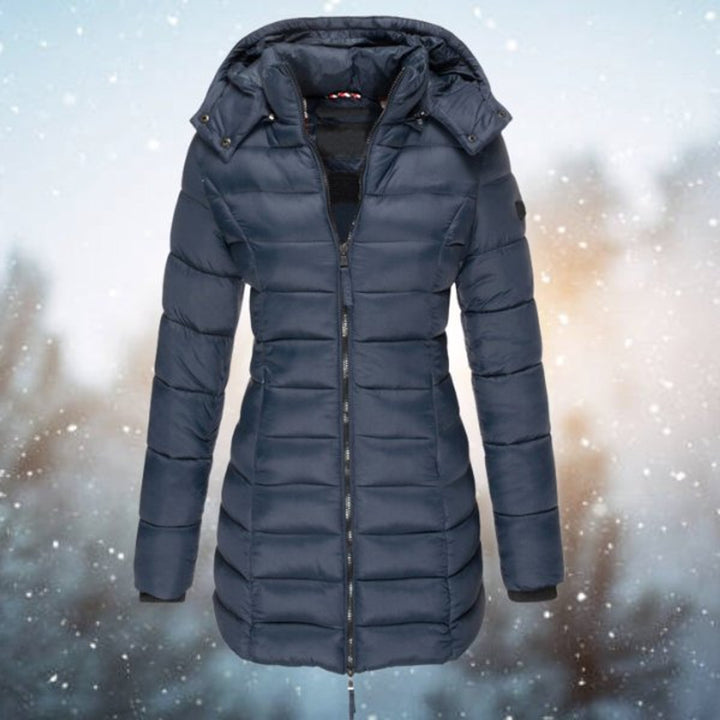 Wren hooded quilted puffer coat in navy blue, front view