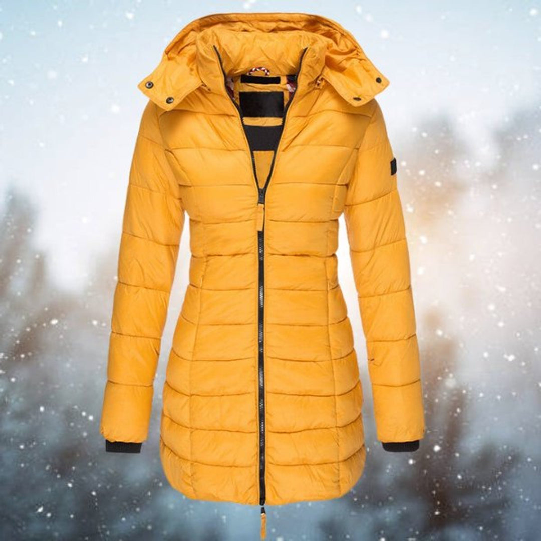 Wren hooded quilted puffer coat in yellow, front view