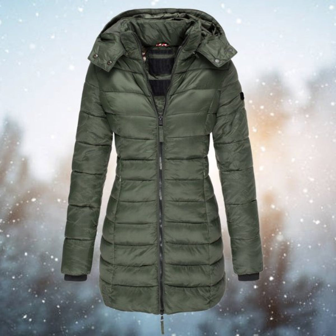 Wren hooded quilted puffer coat in green, front view