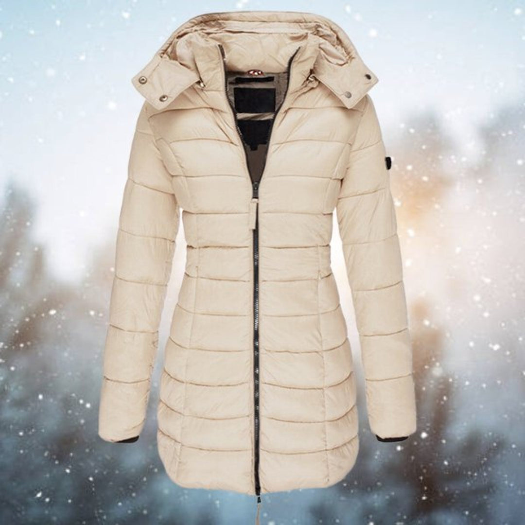 Wren hooded quilted puffer coat in beige, front view