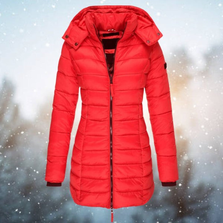 Wren hooded quilted puffer coat in red, front view