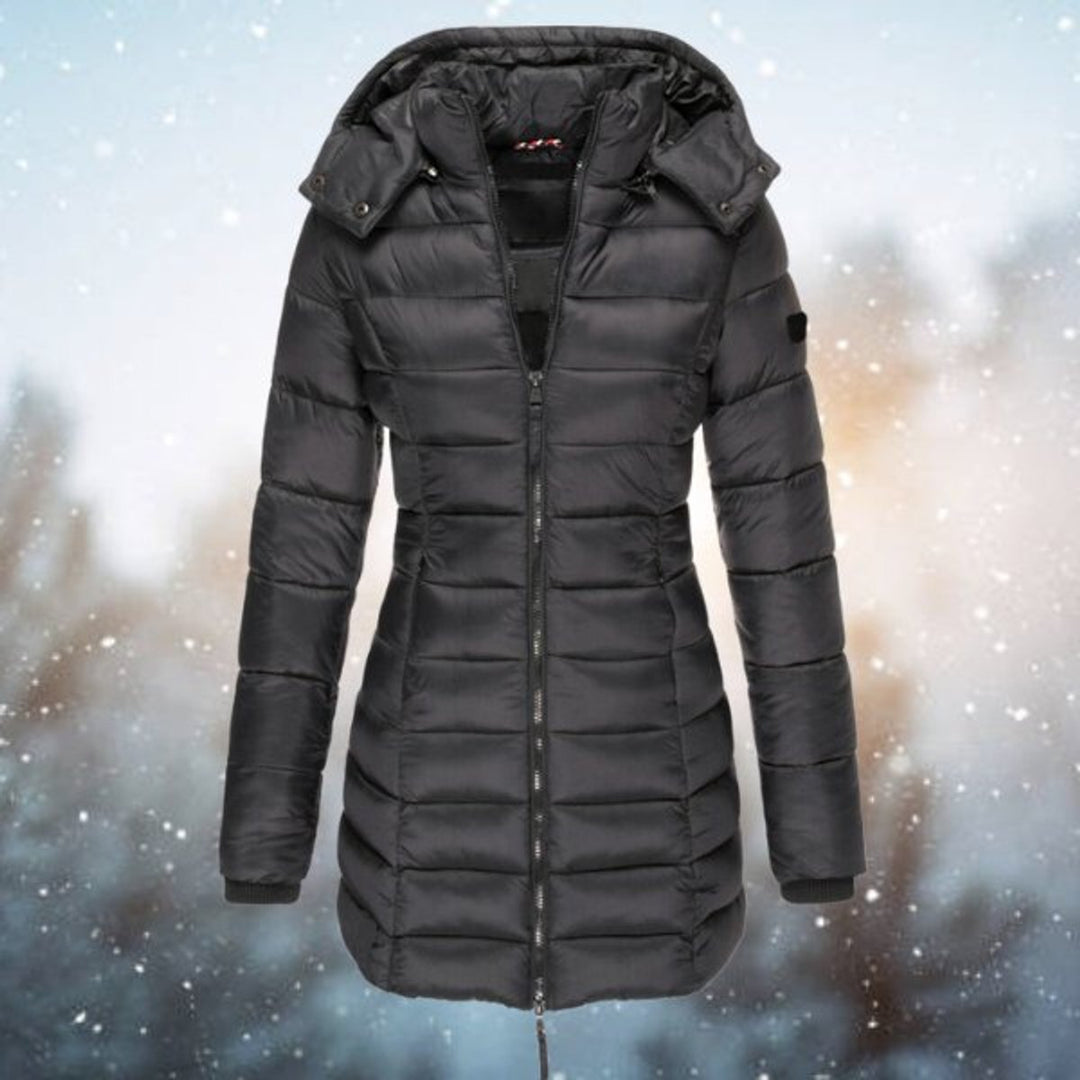 Wren hooded quilted puffer coat in black, front view