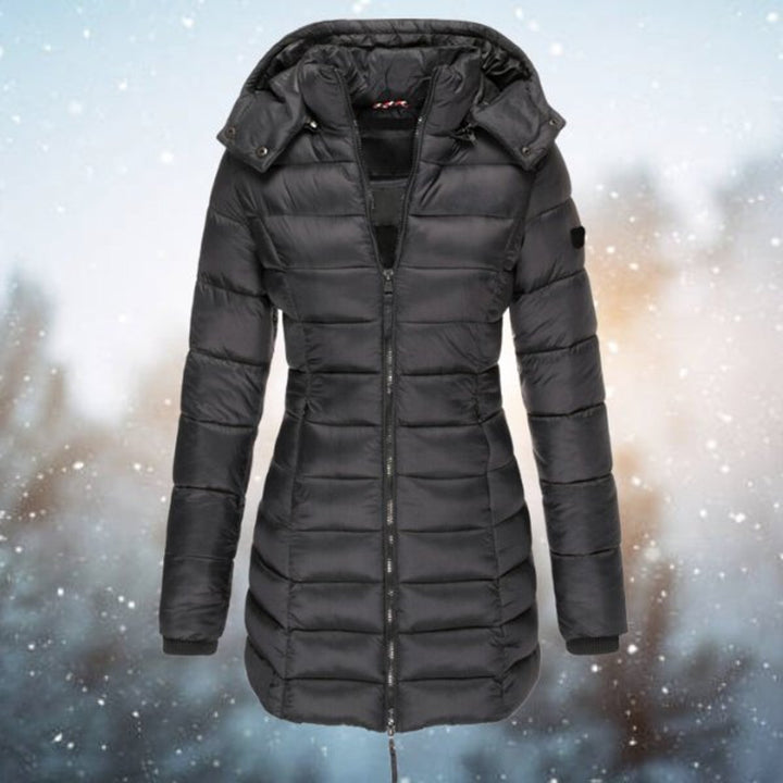Wren hooded quilted puffer coat in black, front view