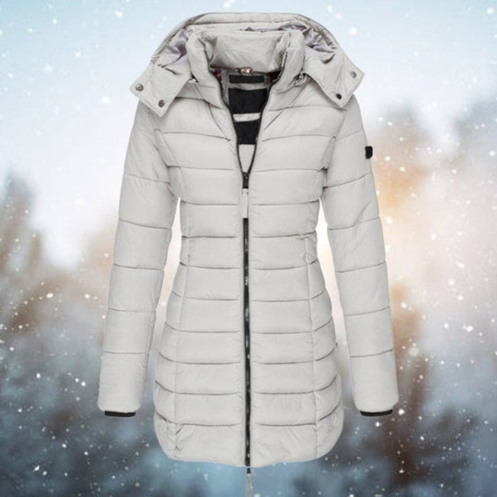 Wren hooded quilted puffer coat in gray, front view