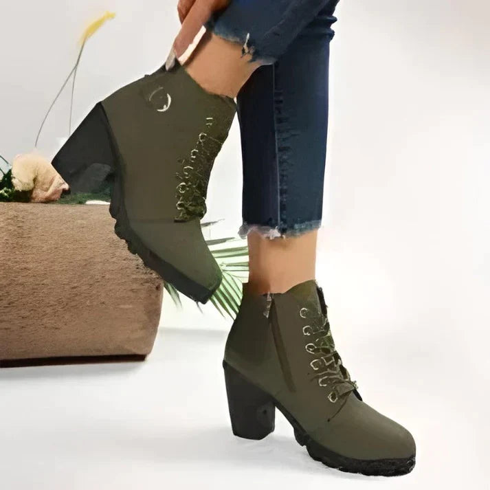 Wren lace-up chunky heel ankle boots in olive green, side view
