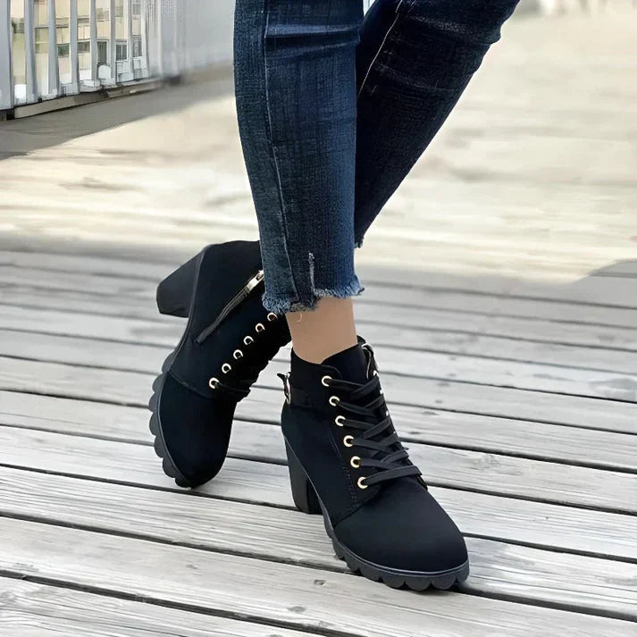 Wren lace-up chunky heel ankle boots in olive green, angled view