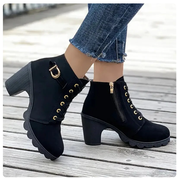 Wren lace-up chunky heel ankle boots in olive green, angled view