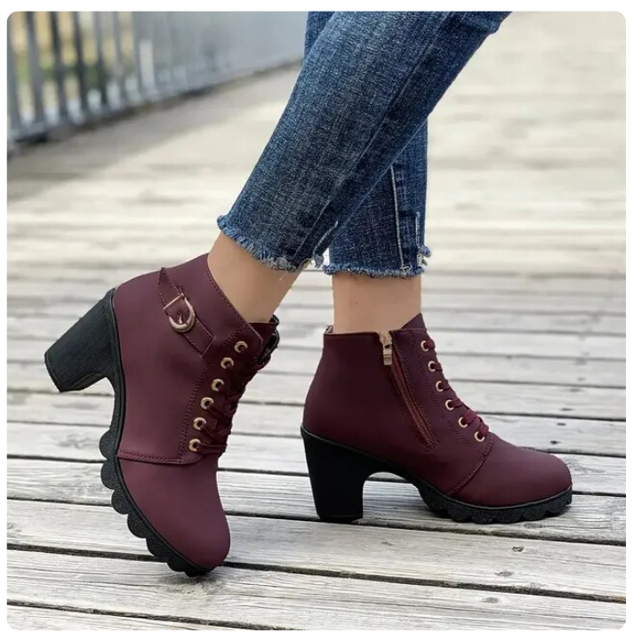 Wren lace-up chunky heel ankle boots in olive green, angled view