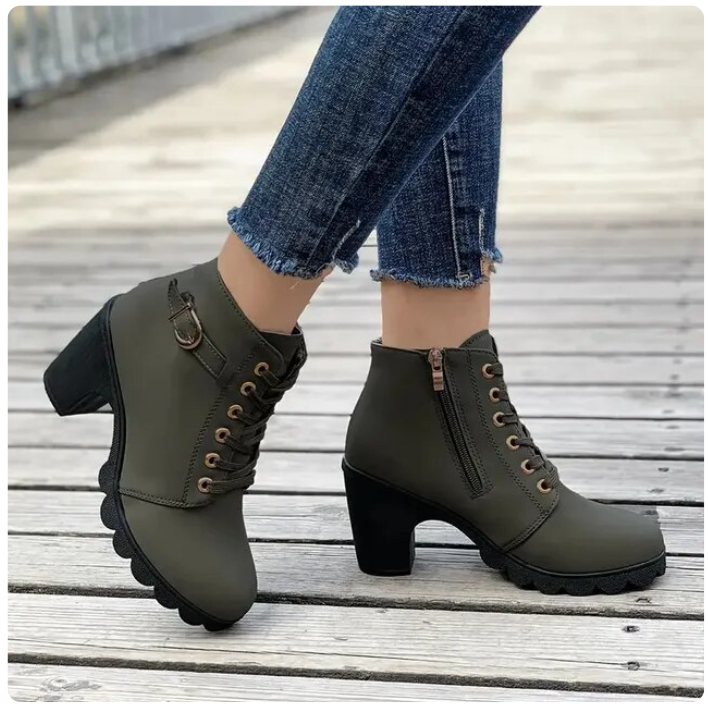 Wren lace-up chunky heel ankle boots in olive green, angled view