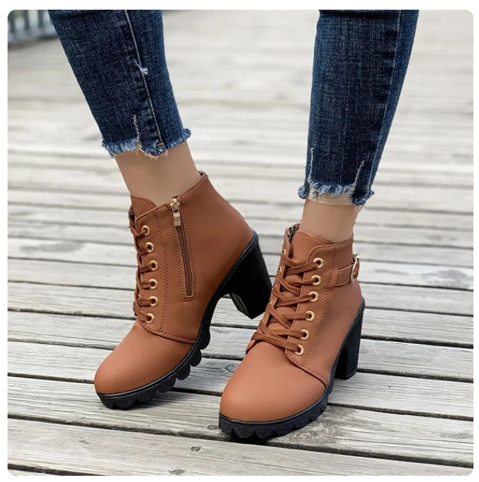 Wren lace-up chunky heel ankle boots in olive green, angled view