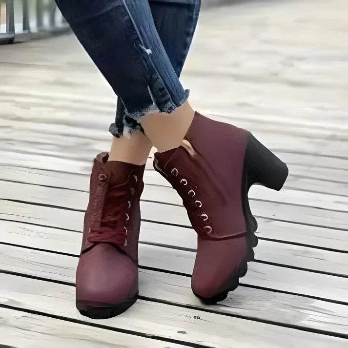Wren lace-up chunky heel ankle boots in burgundy, front view