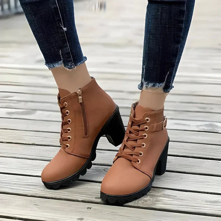 Wren lace-up chunky heel ankle boots in tan, front view