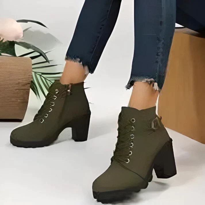 Wren lace-up chunky heel ankle boots in olive green, angled view