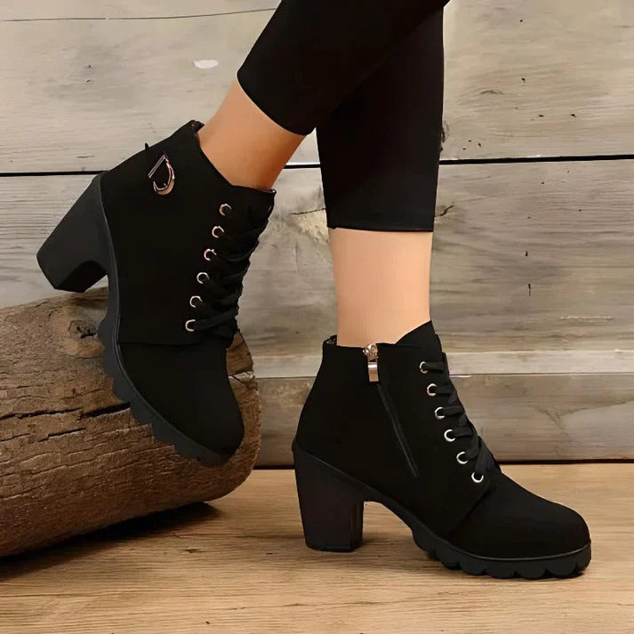 Wren lace-up chunky heel ankle boots in olive green, angled view