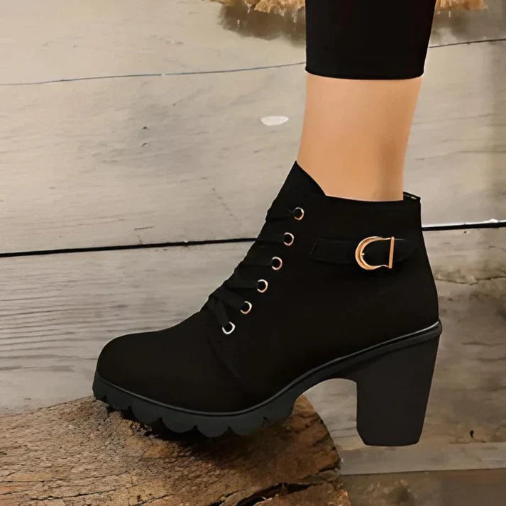Wren lace-up chunky heel ankle boots in olive green, angled view