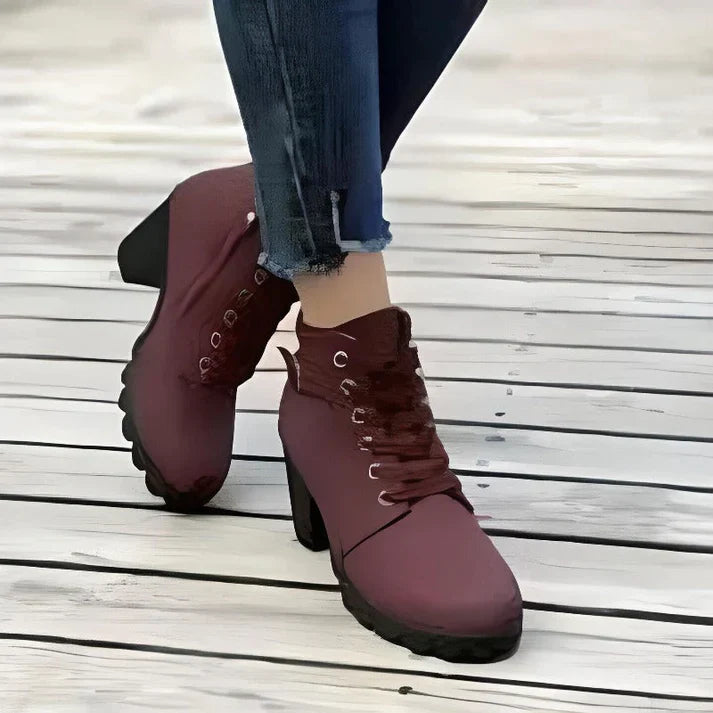 Wren lace-up chunky heel ankle boots in olive green, angled view