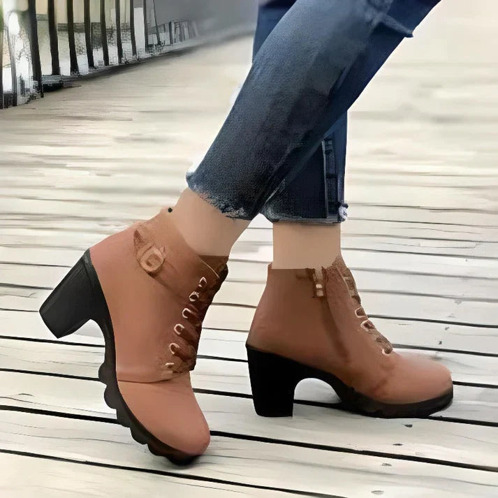 Wren lace-up chunky heel ankle boots in olive green, angled view
