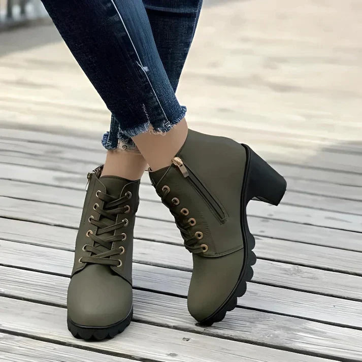 Wren lace-up chunky heel ankle boots in olive green, angled view