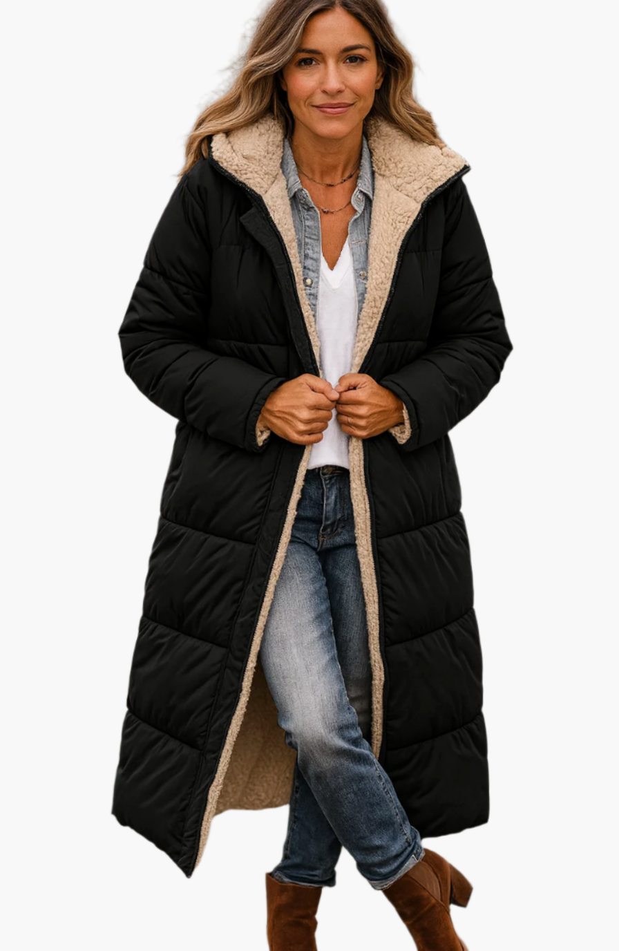Wren long hooded sherpa jacket in black, open front view