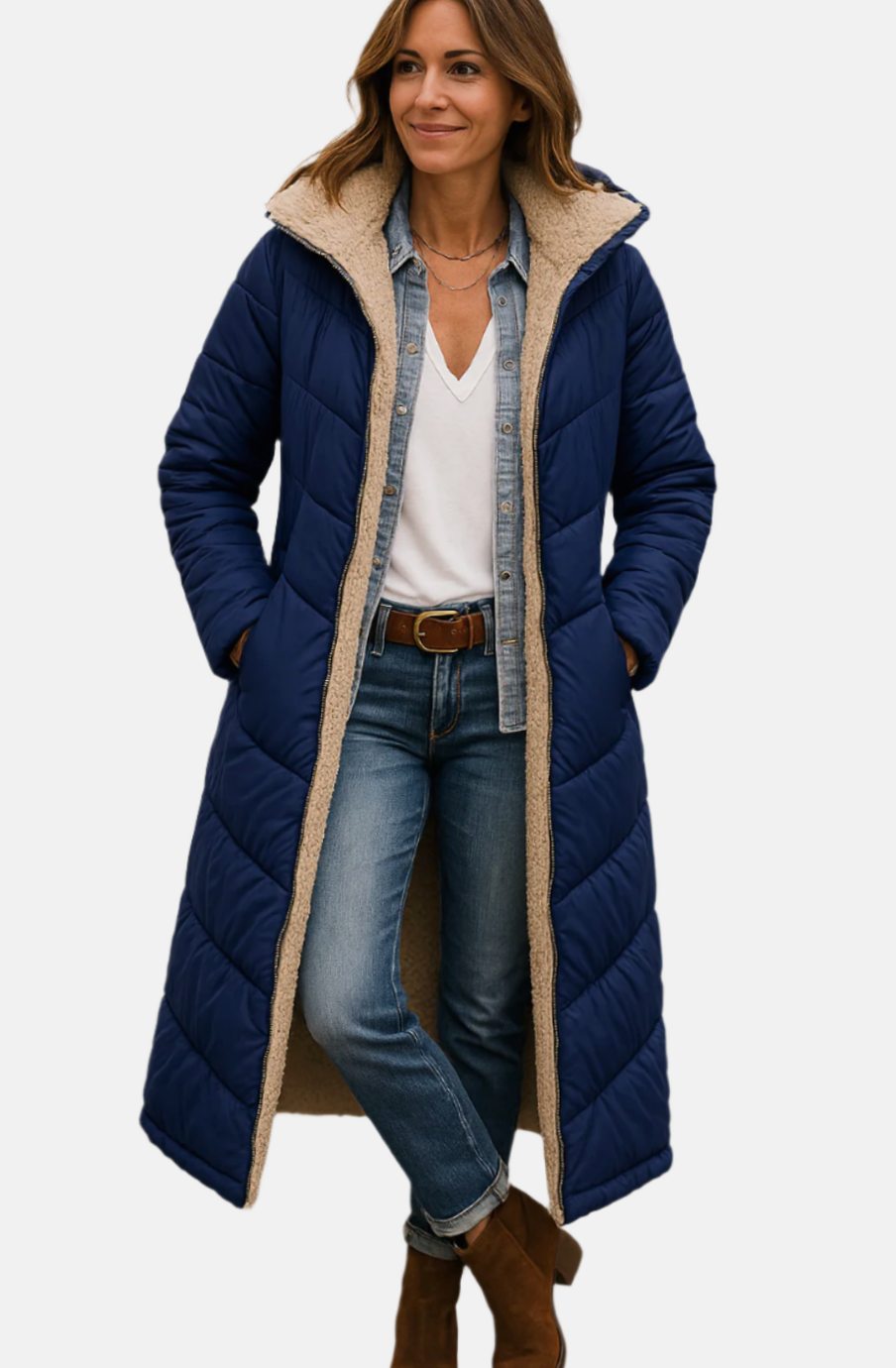 Wren long hooded sherpa jacket in navy blue, front view