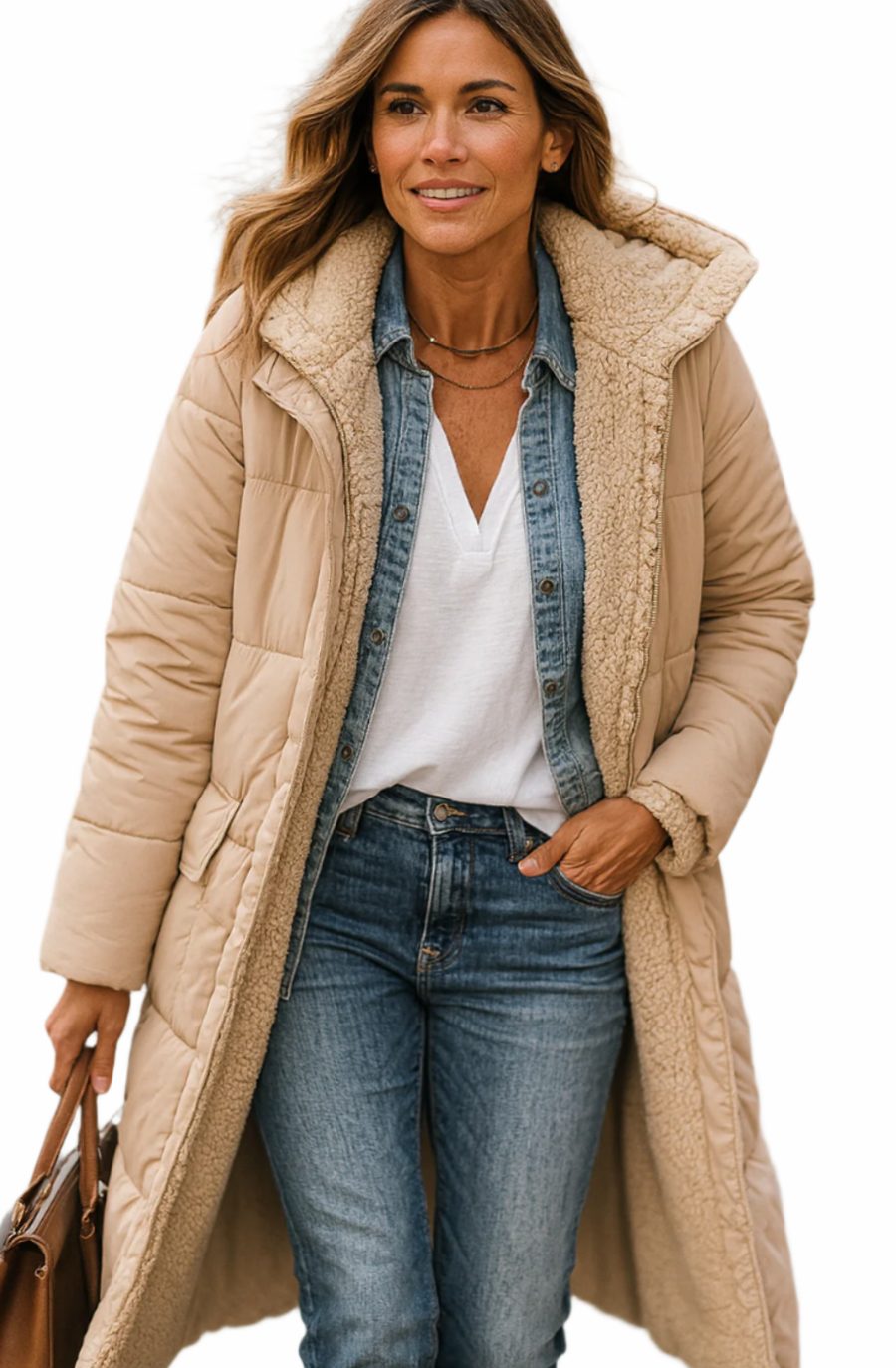 Wren long hooded sherpa jacket in beige, front view