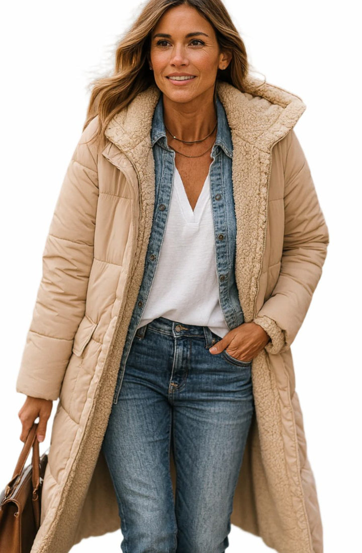 Wren long hooded sherpa jacket in beige, front view