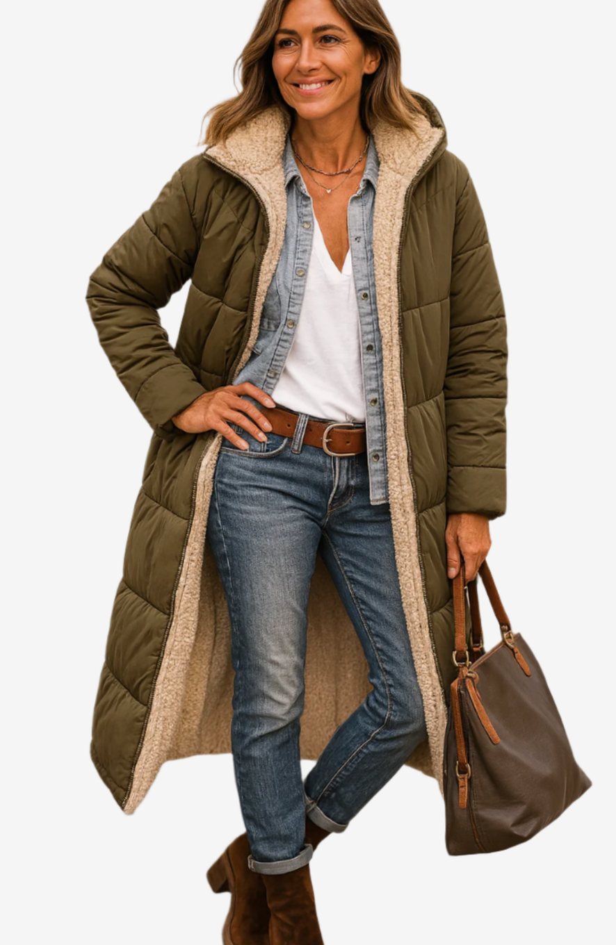 Wren long hooded sherpa jacket in army green, front view