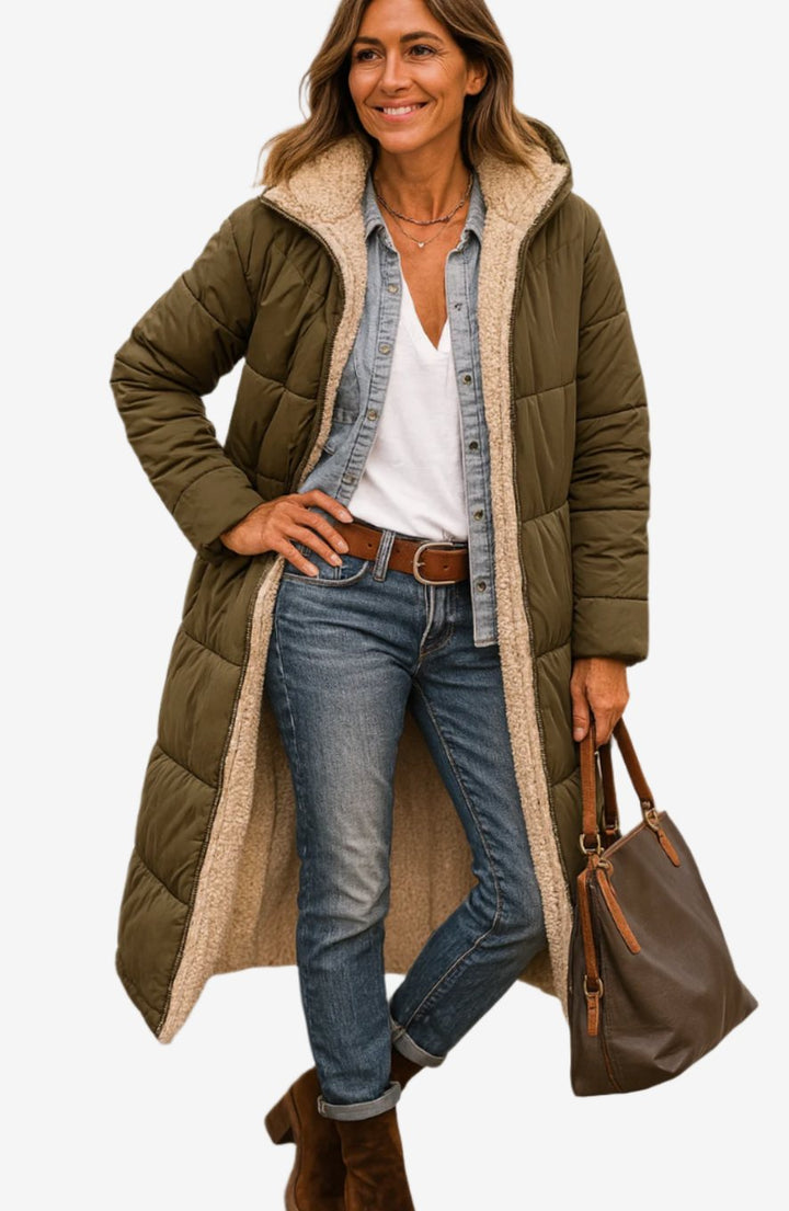 Wren long hooded sherpa jacket in army green, front view
