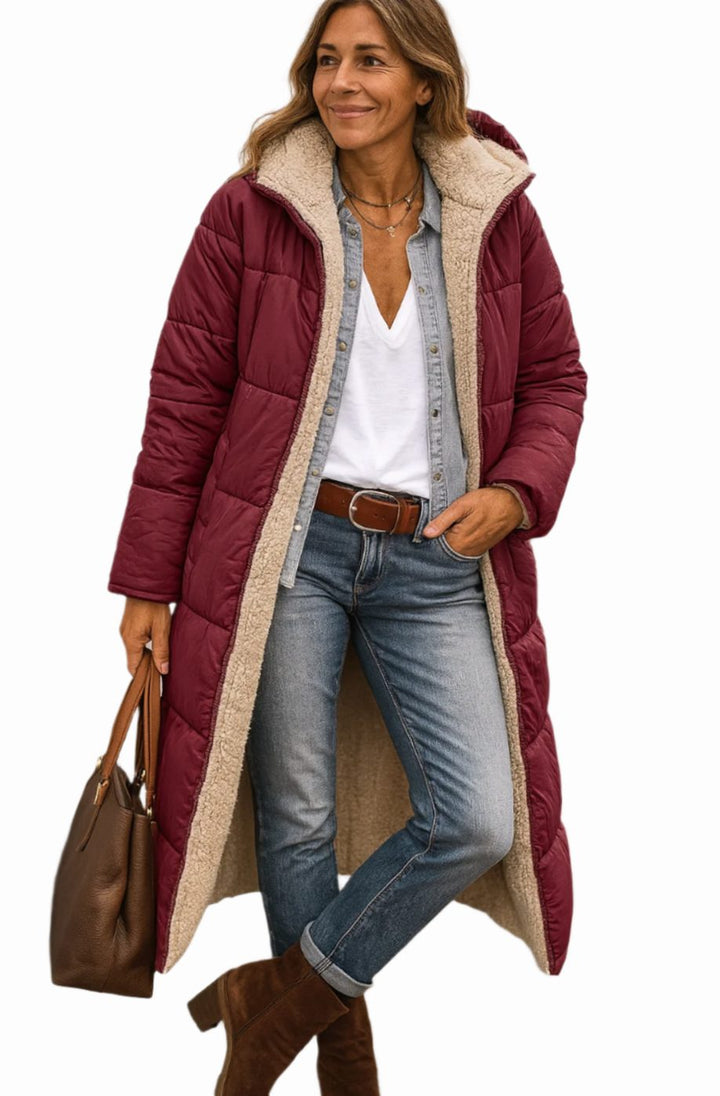 Wren long hooded sherpa jacket in wine red, front view