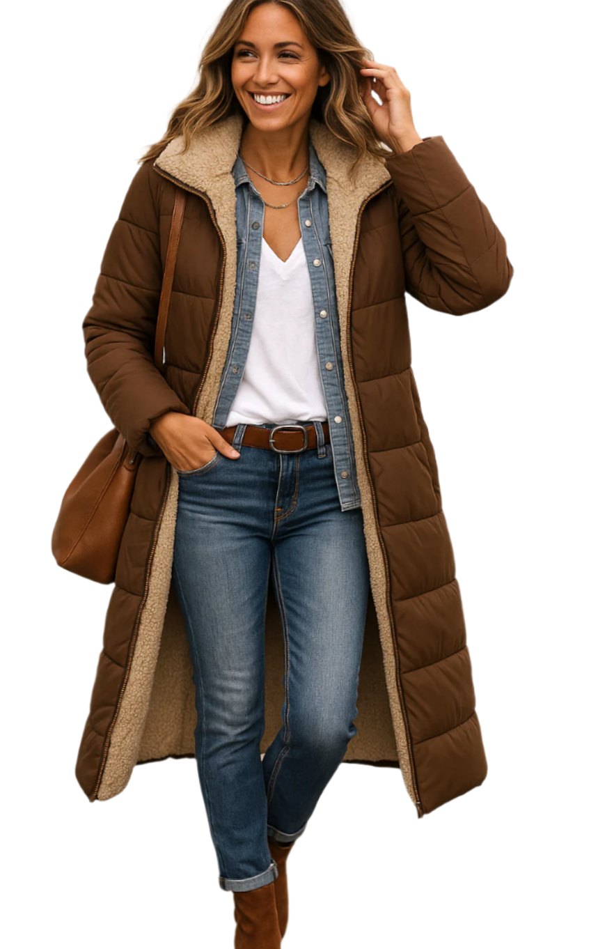 Wren long hooded sherpa jacket in brown, front view