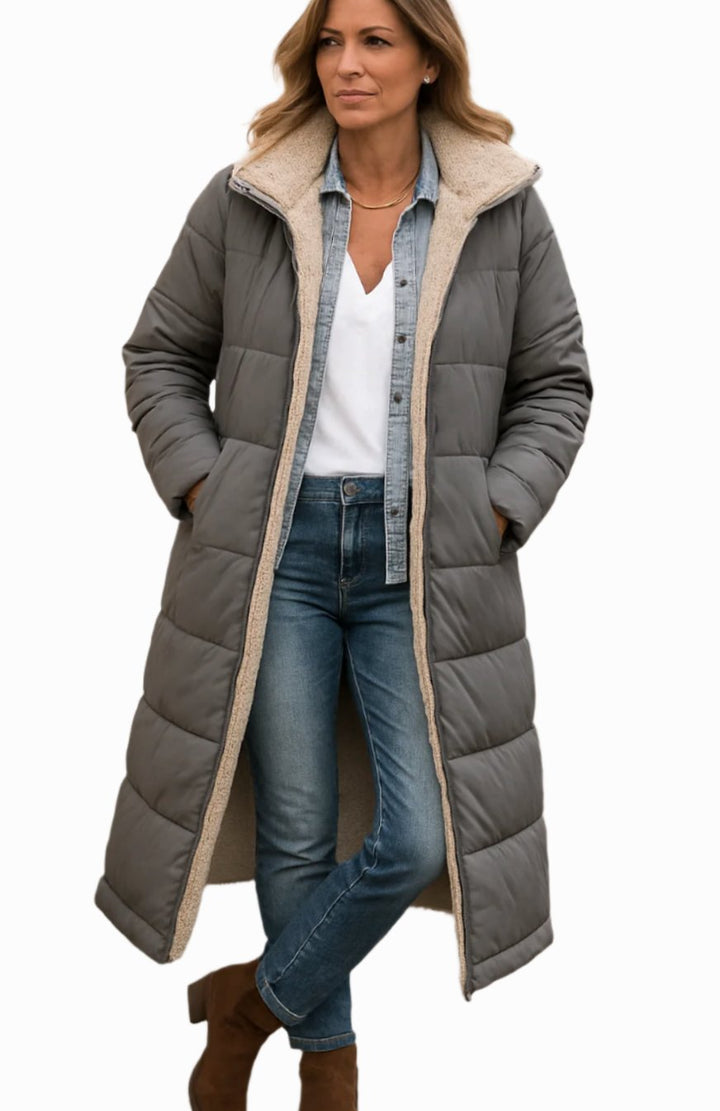 Wren long hooded sherpa jacket in gray, front view