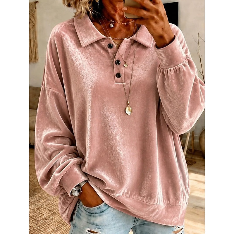 Wren collared pullover in pink velvet, front view with layered necklaces
