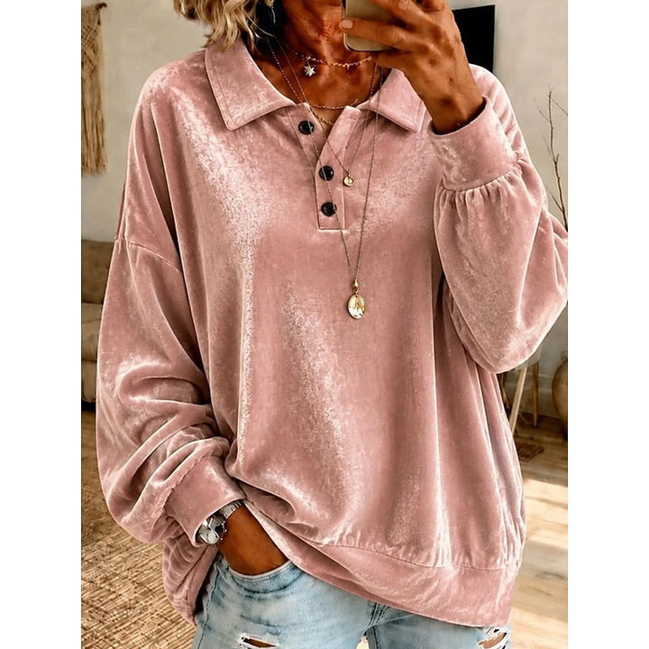 Wren collared pullover in pink velvet, front view with layered necklaces