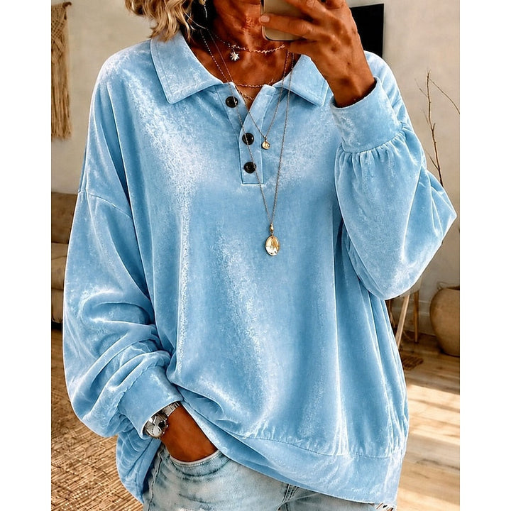 Wren collared pullover in sky blue velvet, front view with layered necklaces