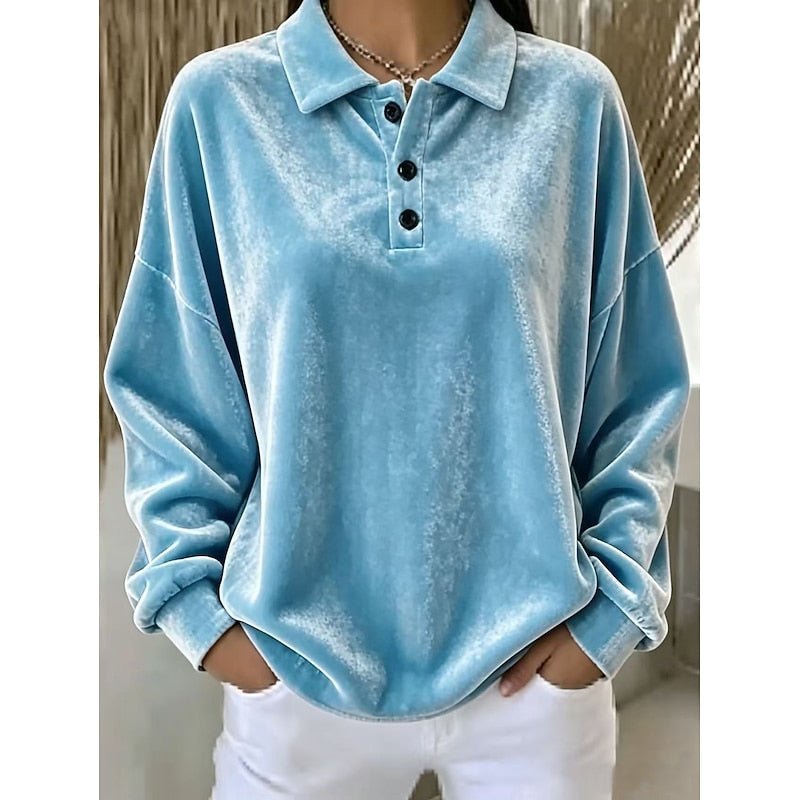 Wren collared pullover in sky blue velvet, close-up of collar and buttons