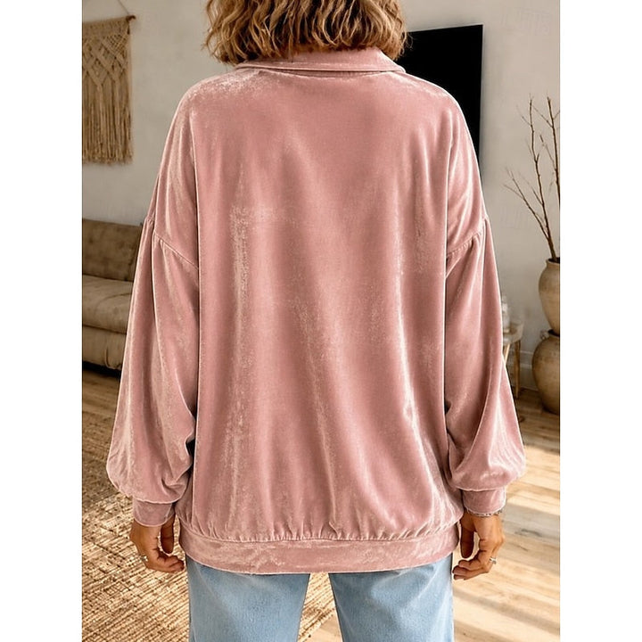 Wren collared pullover in pink velvet, back view showing relaxed fit