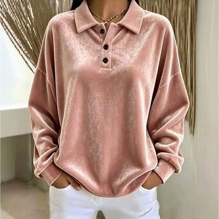Wren collared pullover in pink velvet, close-up of collar and button placket