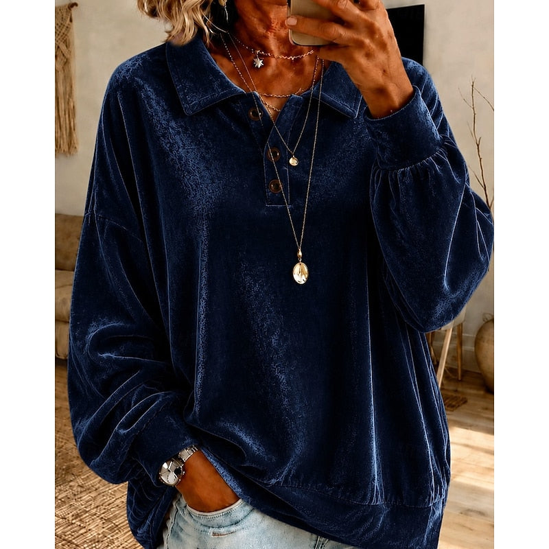 Wren collared pullover in navy blue velvet, front view with hands in pockets