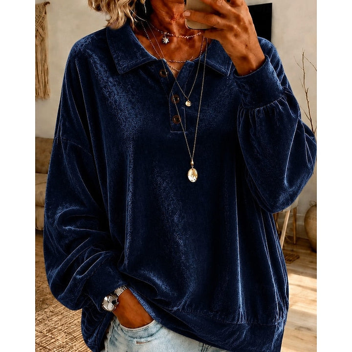 Wren collared pullover in navy blue velvet, front view with hands in pockets