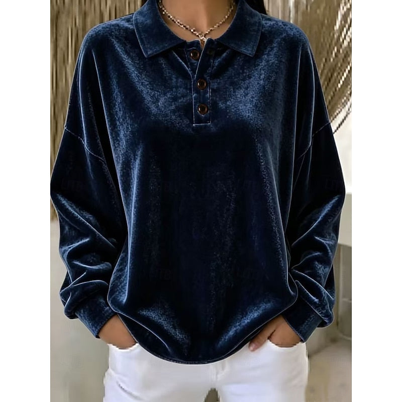 Wren collared pullover in navy blue velvet, close-up of collar and buttons