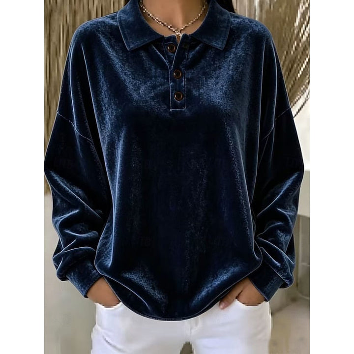Wren collared pullover in navy blue velvet, close-up of collar and buttons