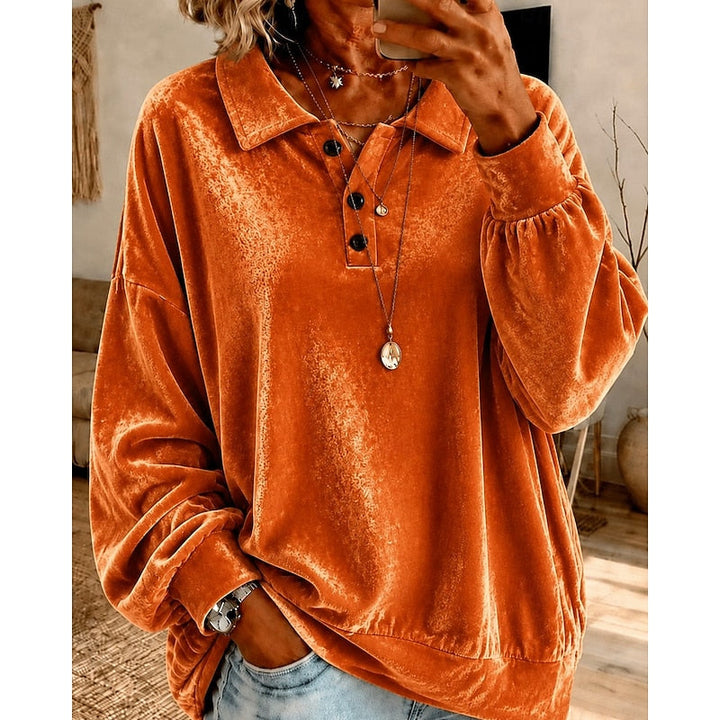 Wren collared pullover in orange velvet, front view with layered necklaces