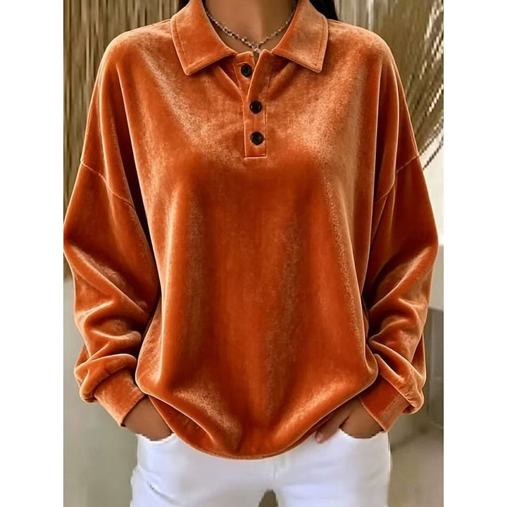 Wren collared pullover in orange velvet, close-up of collar and button placket