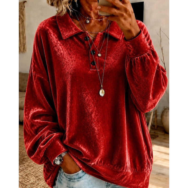 Wren collared pullover in red velvet, front view with layered necklaces