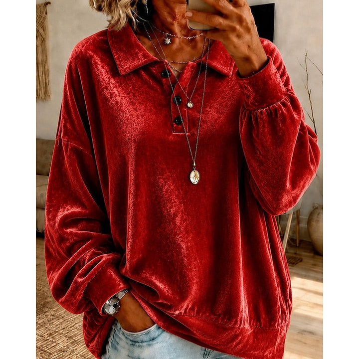 Wren collared pullover in red velvet, front view with layered necklaces