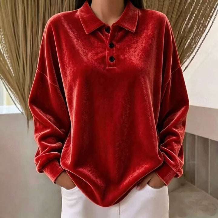 Wren collared pullover in red velvet, close-up of collar and button placket