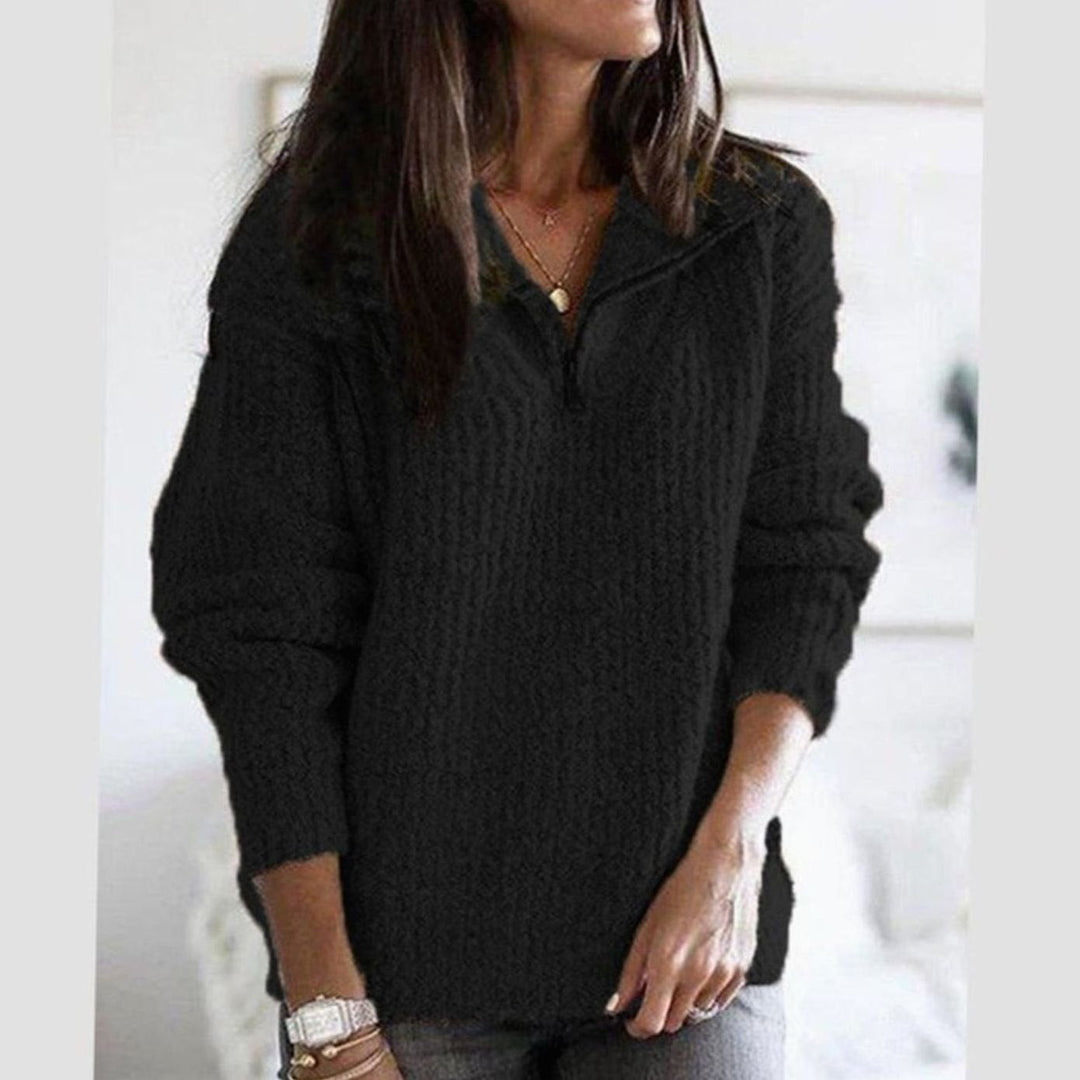 Wren quarter-zip cable-knit pullover sweater in black, front view